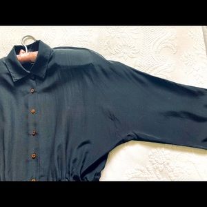 Vintage 80s Padded Shoulder Black SILK Blouse